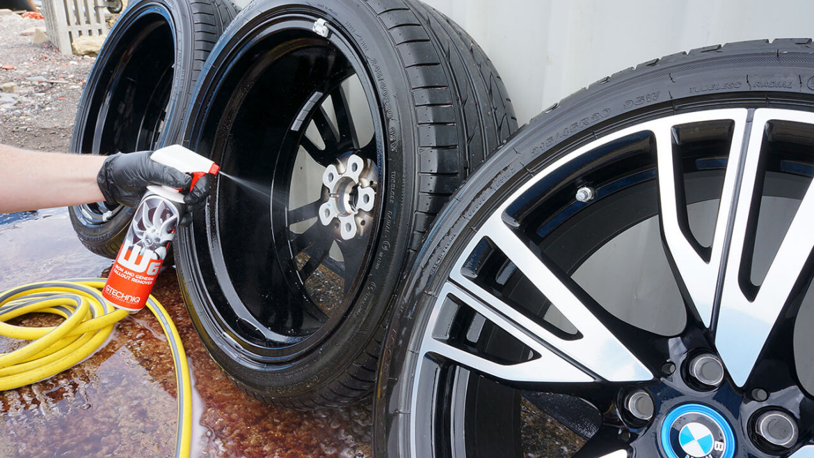 Wheels removed from a BMW i8 and decontaminated before ceramic coating