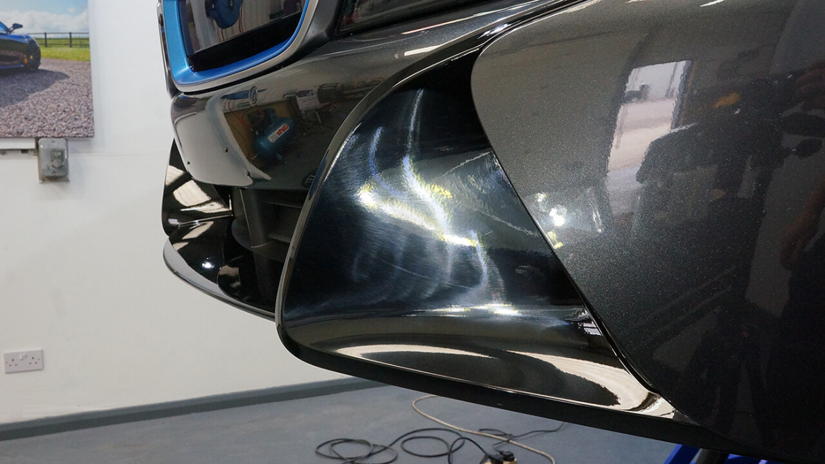 Paint protection film applied to the rear intake of a BMW i8