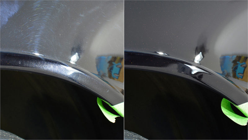 Before and after machine polishing on the front wing of the black Aston Martin DBS