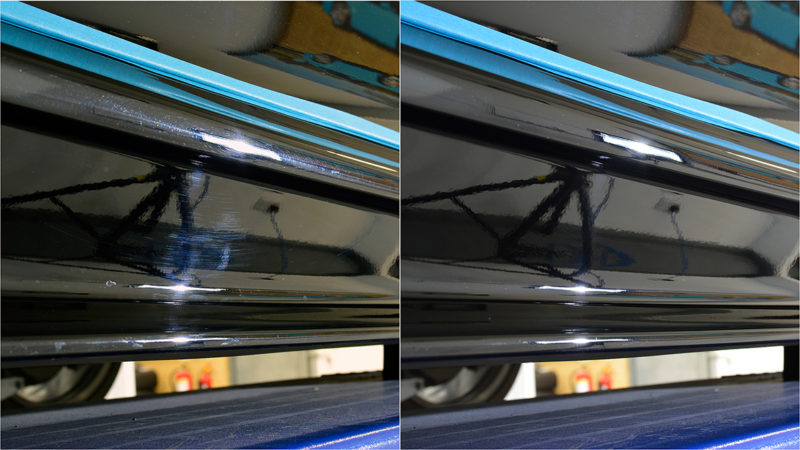 Swirl marks removed along the door of the Aston Martin DBS, shown 50/50