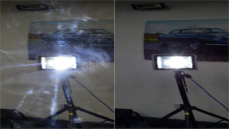 LED light panel reflected in the DBS paint before and after correction