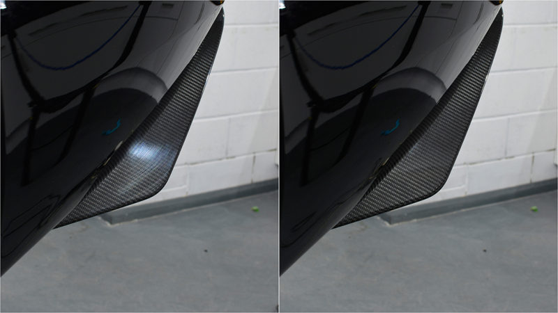 Carbon fibre lower bumper section of the DBS before and after polishing