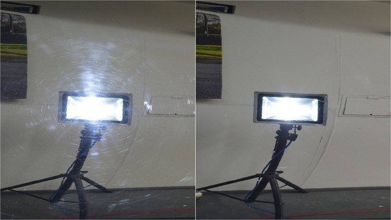 Swirl marks under inspection light before and after polishing a Maserati GranTurismo