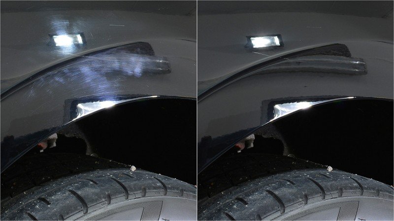 Before and after machine polishing on the rear arch of a black Maserati GranTurismo MC Stradale