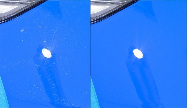 Before and after halves of a GT3 RS door showing factory sanding marks removed
