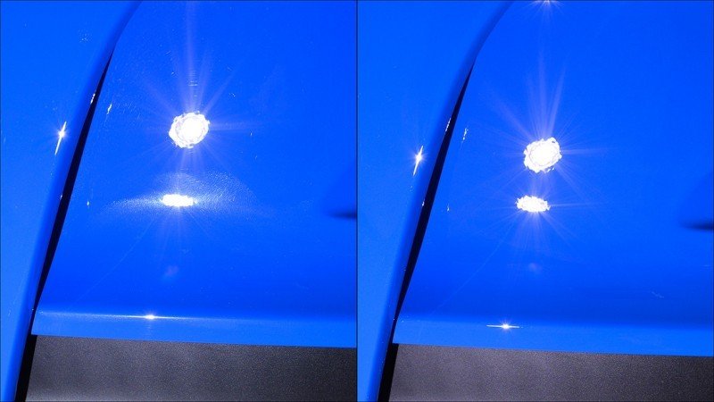 Buffer trails beside corrected paint on the GT3 RS front wing under light