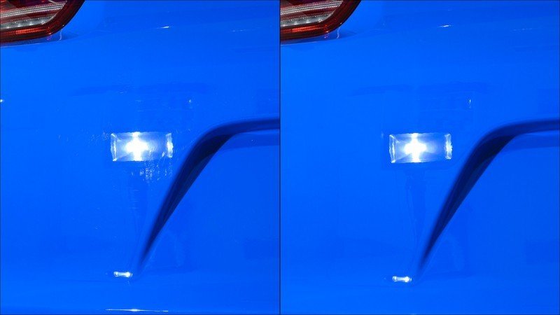 Rear light and quarter of the GT3 RS before and after machine polishing
