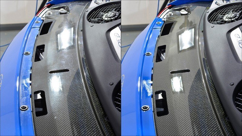 Paint around the GT3 RS carbon rear intake before and after correction