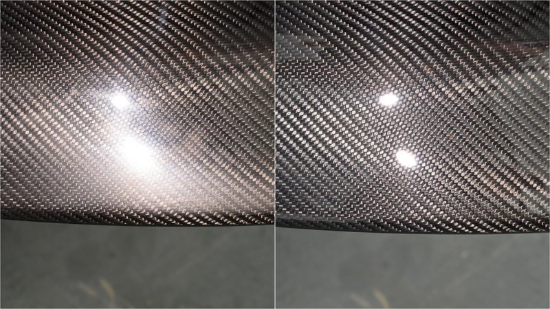 Carbon fibre before and after polishing, haze removed to sharpen the weave