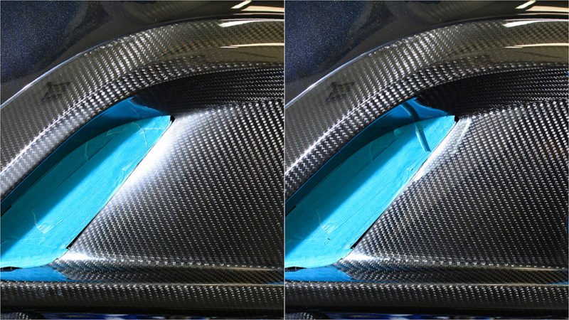 Carbon fibre bonnet vent before and after correction, masked with tape