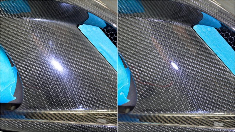 Close-up of the Vanquish carbon vent before and after machine polishing