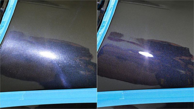 Vanquish paintwork before and after correction, showing the metallic flake
