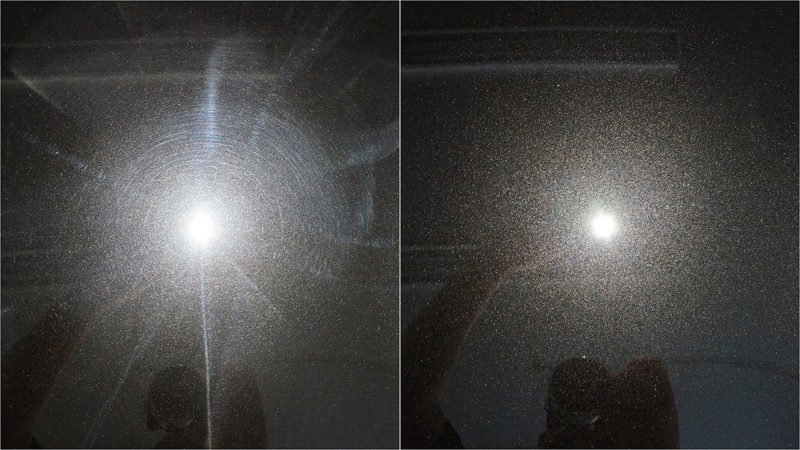 Swirl marks under a single light source before and after polishing