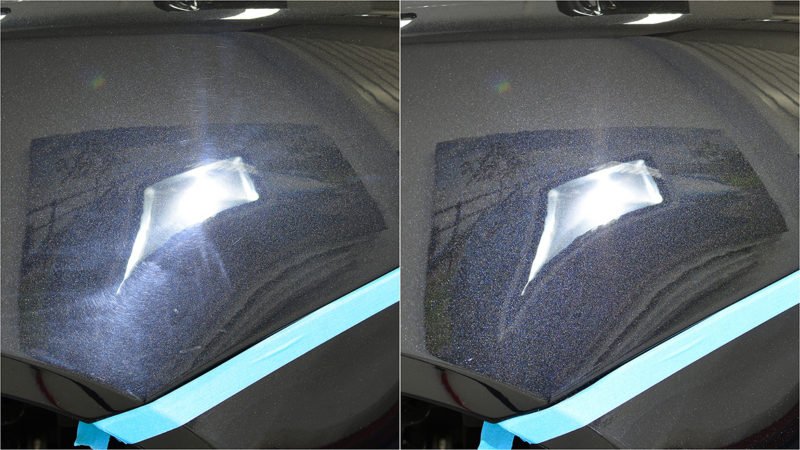 Machine sanding marks removed from the Vanquish paintwork, shown 50/50