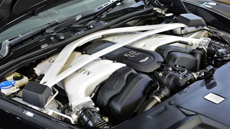 V12 engine bay of the Aston Martin Vanquish Carbon Edition