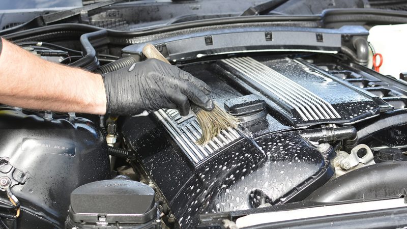 BMW Z3 engine bay cleaned by hand with brushes during the detail