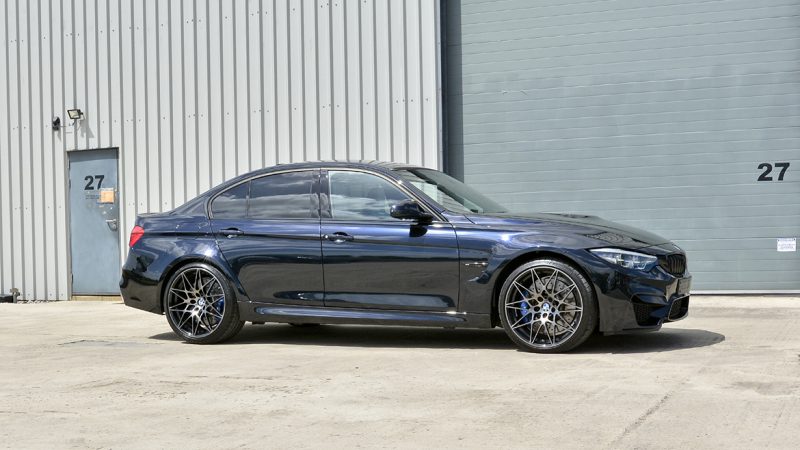 Side profile of the Azurite Black BMW M3 F80 after full Gtechniq protection