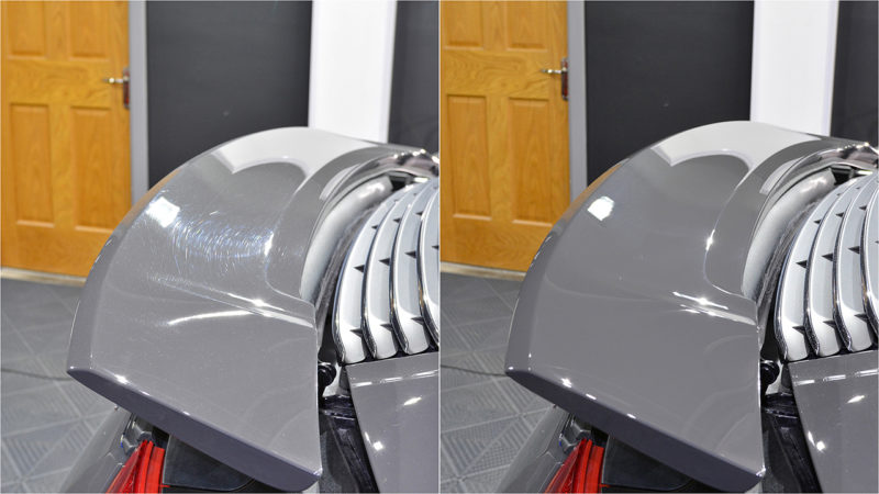 Before and after comparison of the rear quarter on a Porsche 911 50th Anniversary under inspection lighting