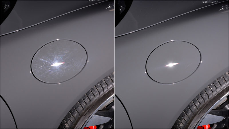Fuel filler flap on the Porsche 911 50th Anniversary, swirled paint on the left and corrected on the right