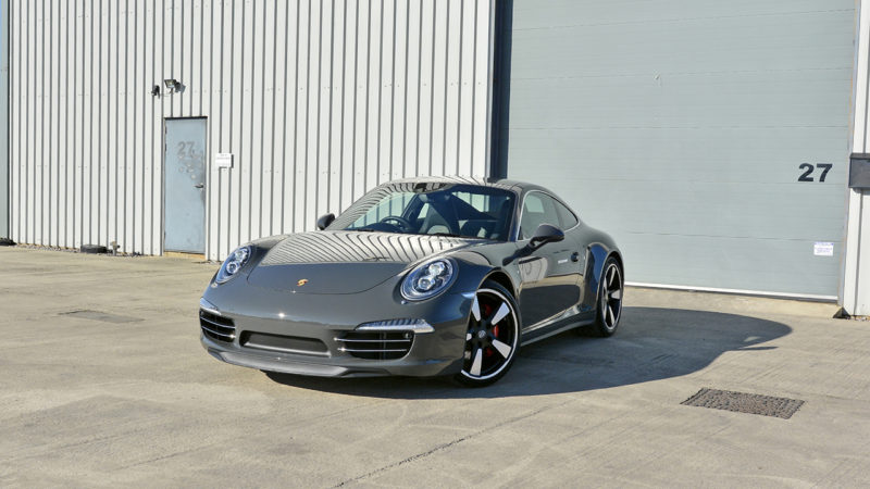 Front three-quarter view of the Porsche 911 50th Anniversary with its wide body and Fuchs-style wheels