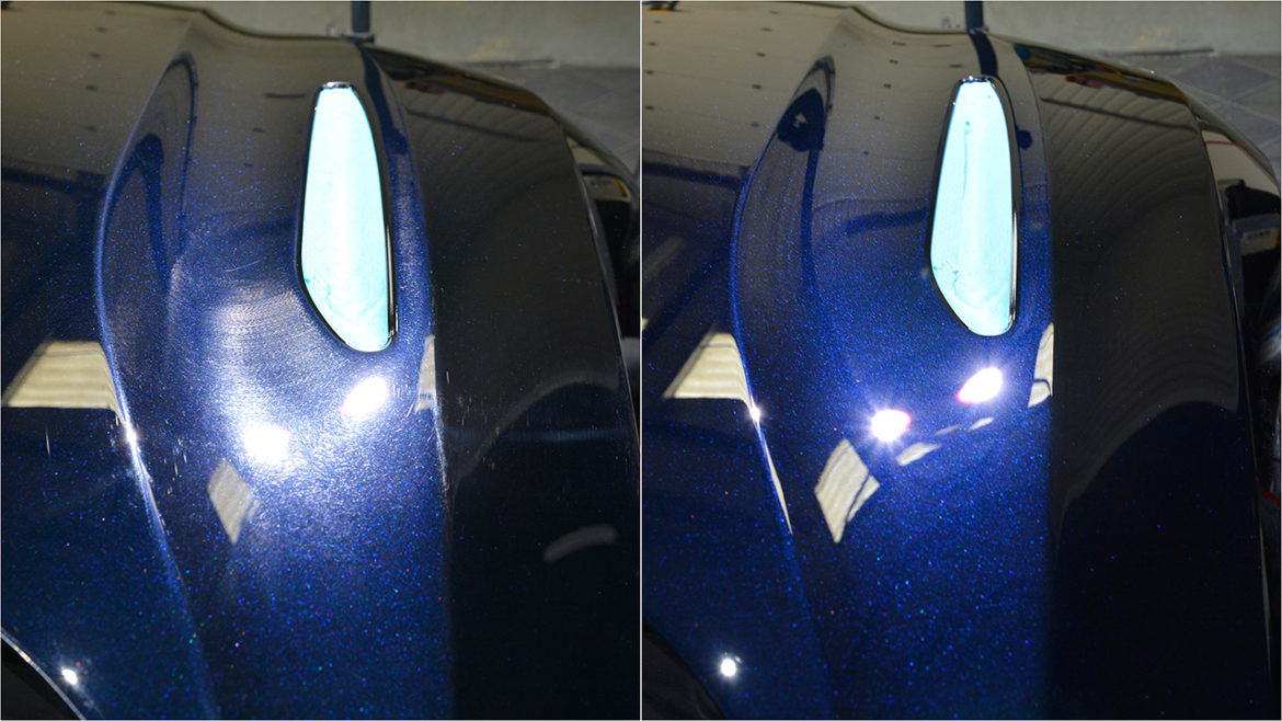 Before and after paint correction on a dark blue Aston Martin DB11 under inspection light