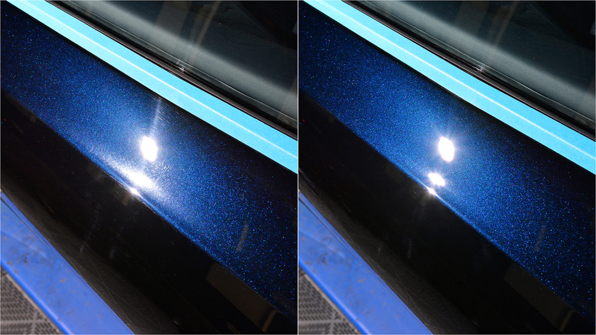 Strip light reflection in Aston Martin DB11 paint before and after correction
