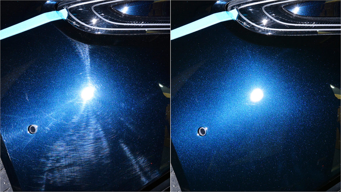 Aston Martin DB11 panel before and after machine polishing