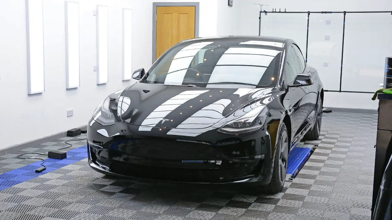 Tesla Model 3 after full PPF and Gtechniq Halo coating at our Wiltshire studio