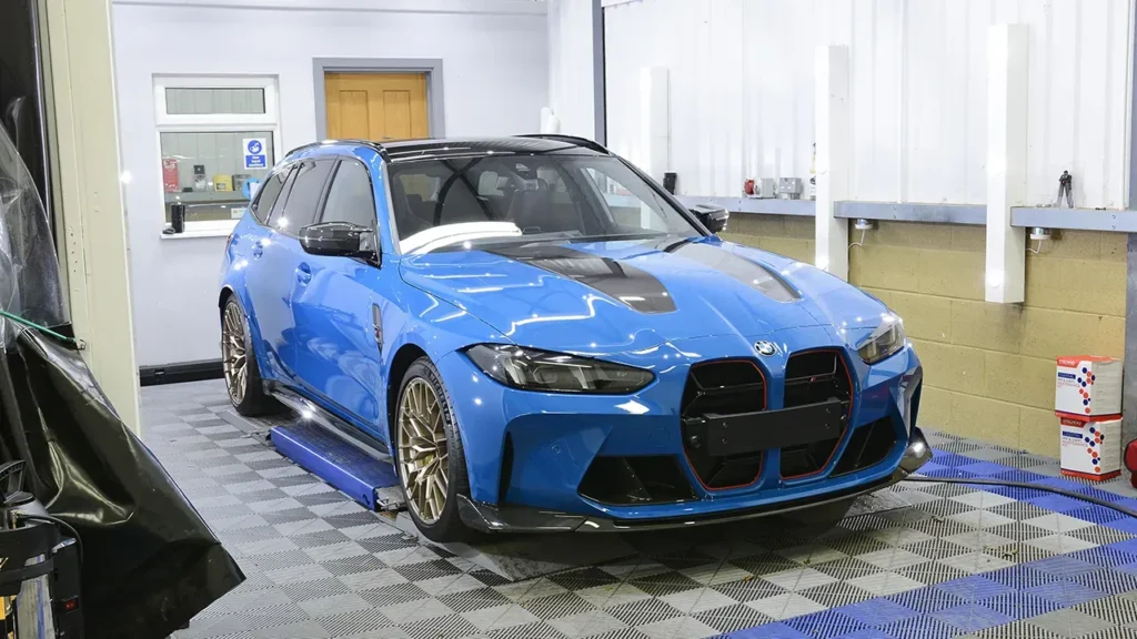 Finished Laguna Seca Blue BMW M3 CS Touring after full XPEL PPF and Gtechniq Halo coating