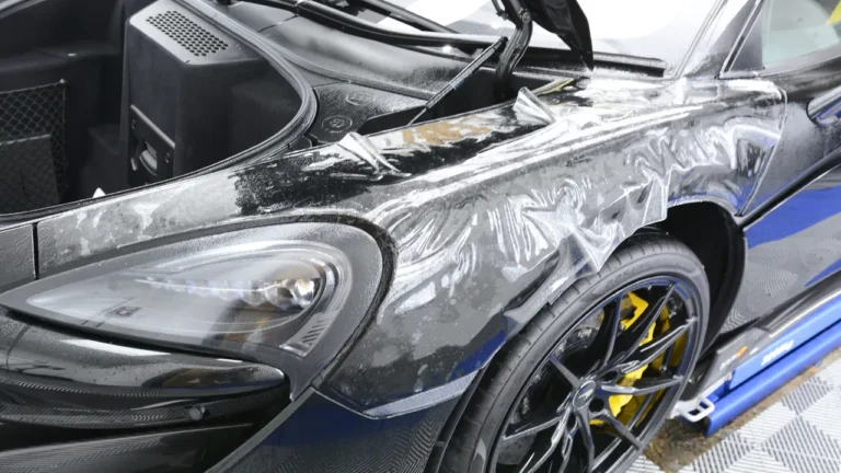 Front wing of the McLaren 600LT during wet application of paint protection film
