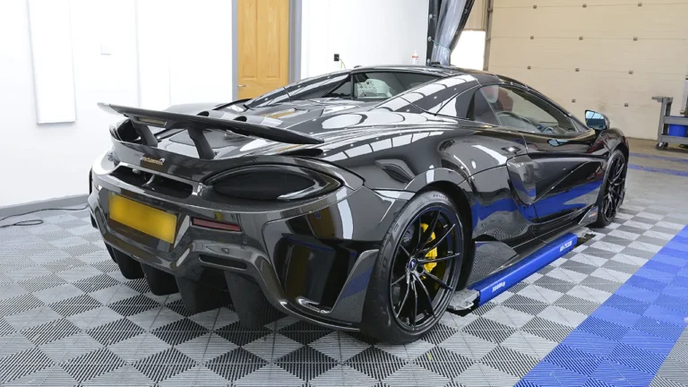 Rear of the black McLaren 600LT after full paint protection film